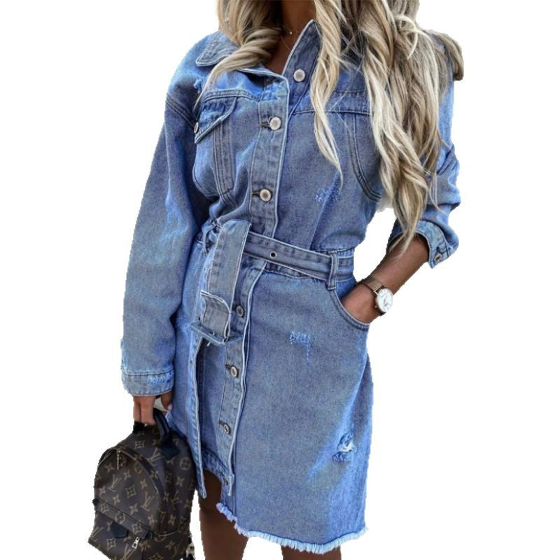 Dame Denim Skjortekjole med Bælte Talje Stilla
