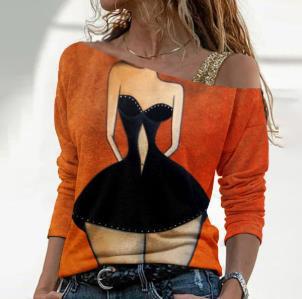 Dame afslappet Off-Shoulder top med kreativt tryk og bløde materialer Stilla