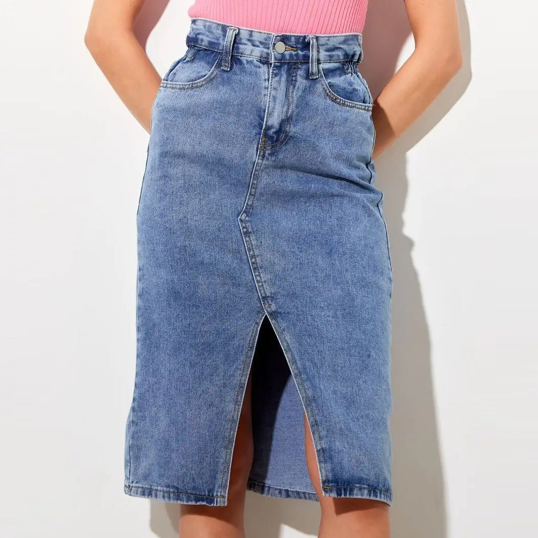 Dame denim midi nederdel med høj slids og alsidigt design Stilla