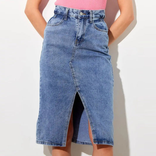 Dame denim midi nederdel med høj slids og alsidigt design Stilla