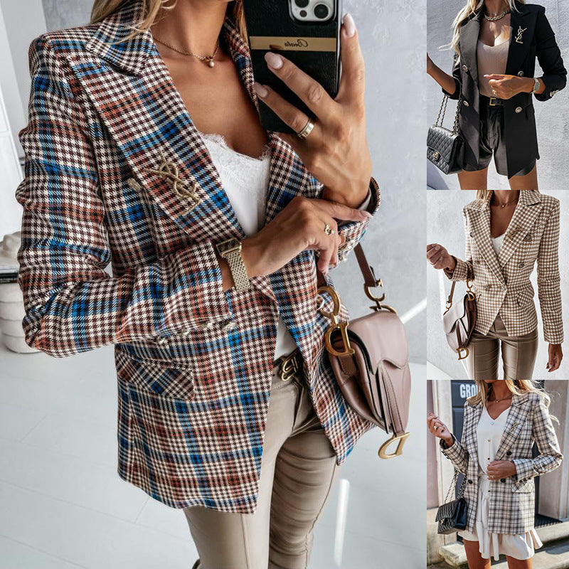 Dame Elegant Blazer med Dobbeltknaplukning og dekorativt Emblem Stilla