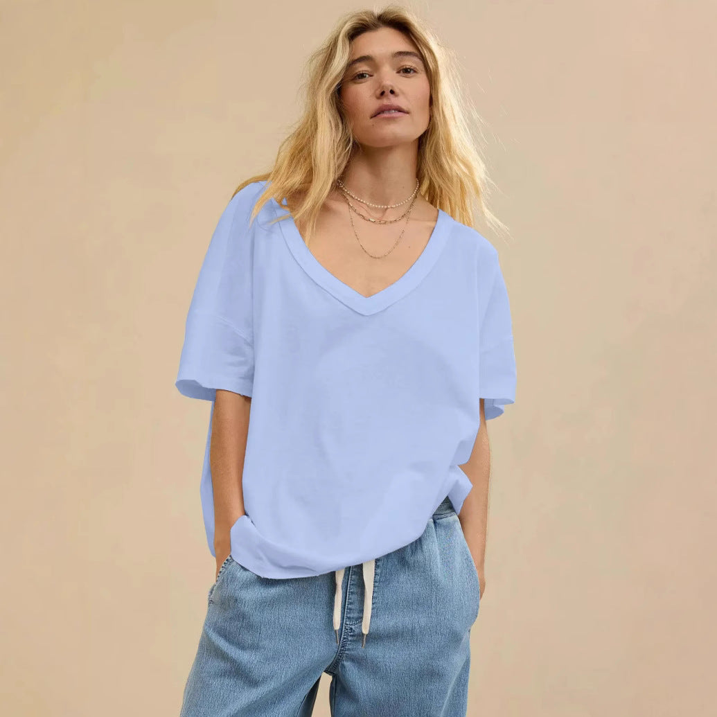 Dame afslappet oversized T-shirt med dyb V-hals Stilla