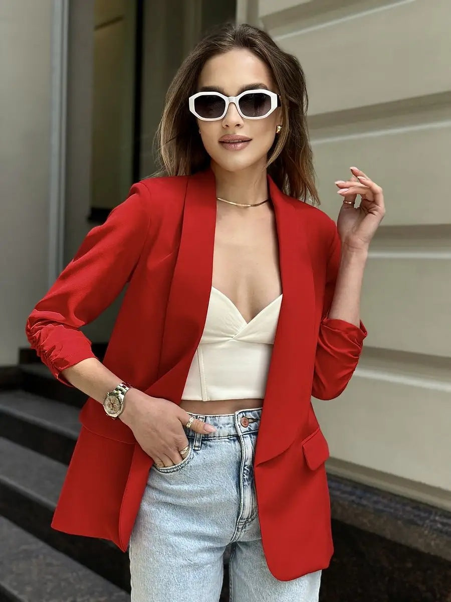 Dame elegant blazer med raffinerede ruffles detaljer og smal snit Stilla