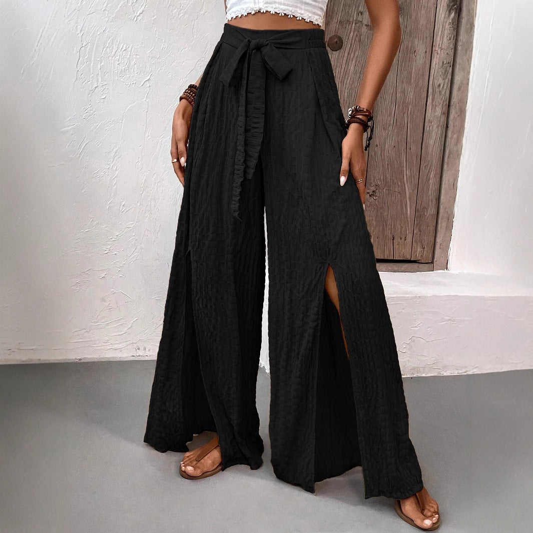 Dame elegant bred sommerbukser med sideløsning og bindebånd Stilla