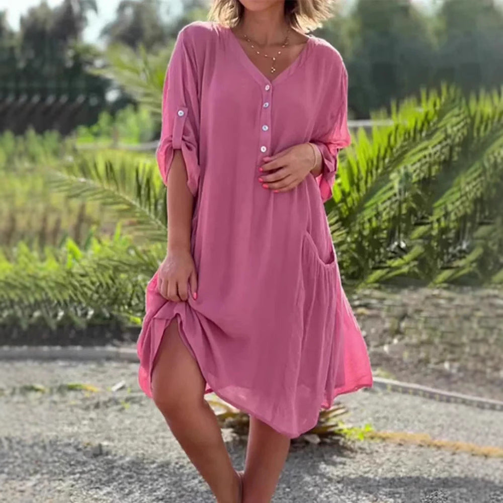 Dame afslappet strandkjole med knapfront og lommer Stilla