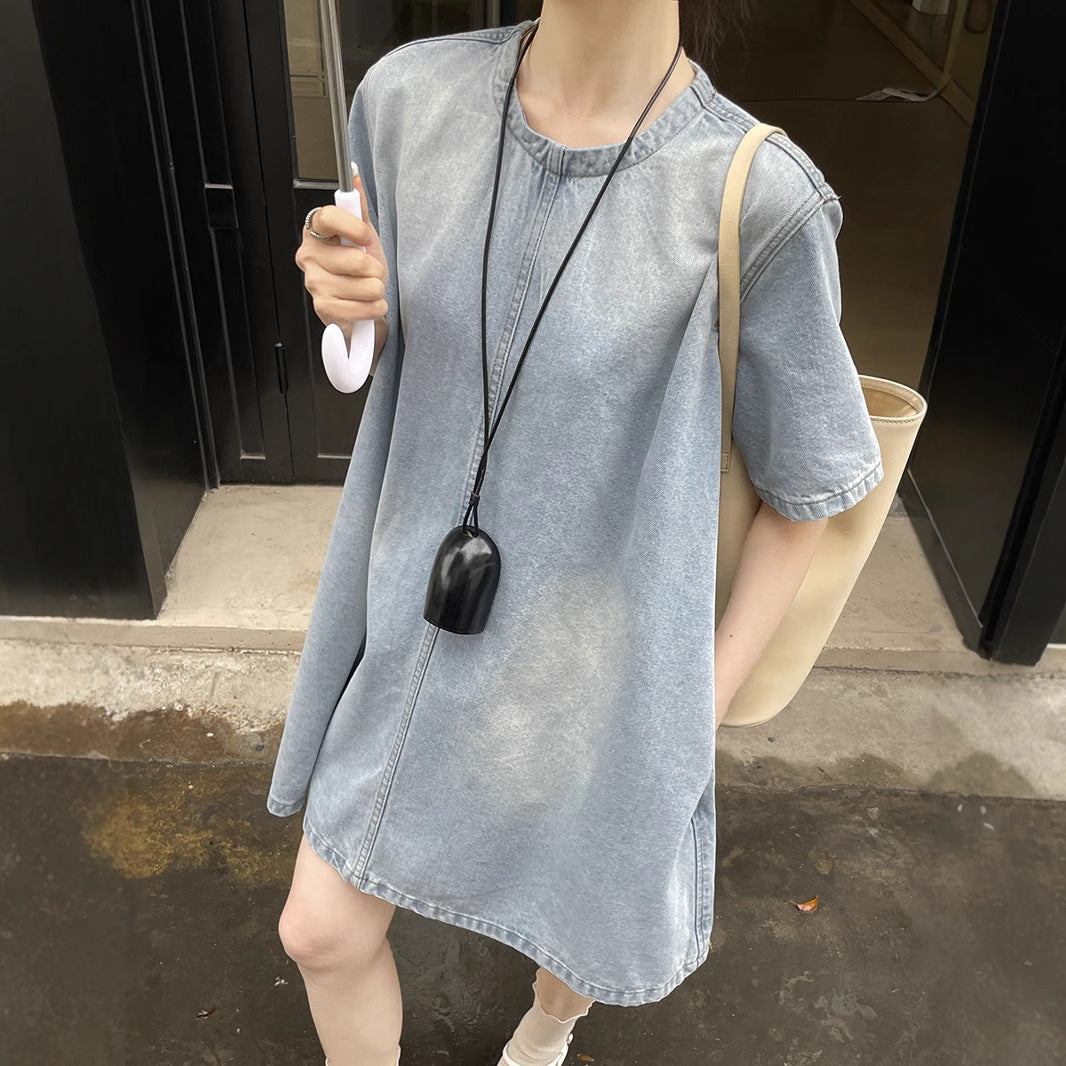 Dame afslappet denim-overdel med rund halsudskæring og korte ærmer Stilla