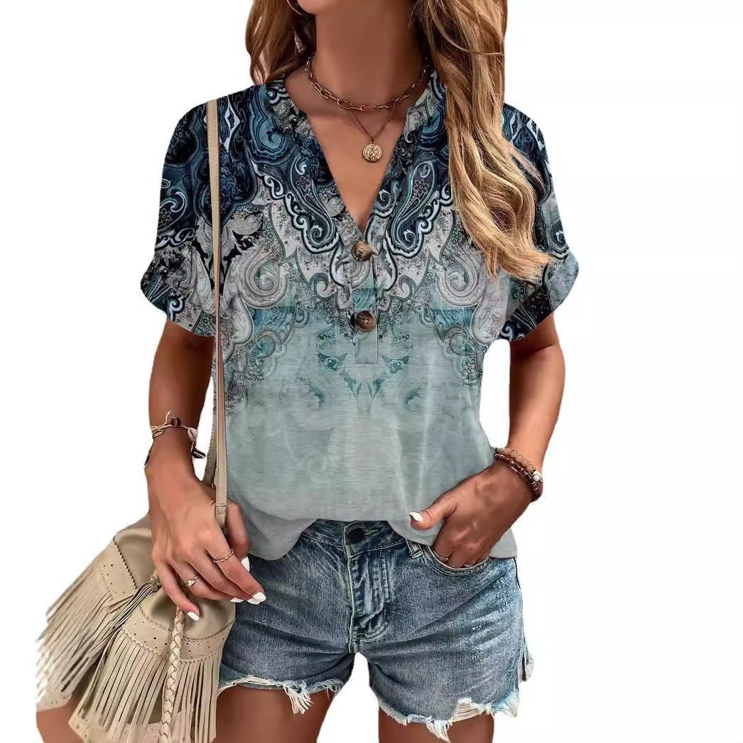 Dame afslappet kortærmet top med knaplukning og stribemønster Stilla