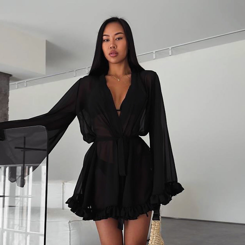 Dame afslappet sommerkjole med flæsedetaljer og justerbart bælte Stilla