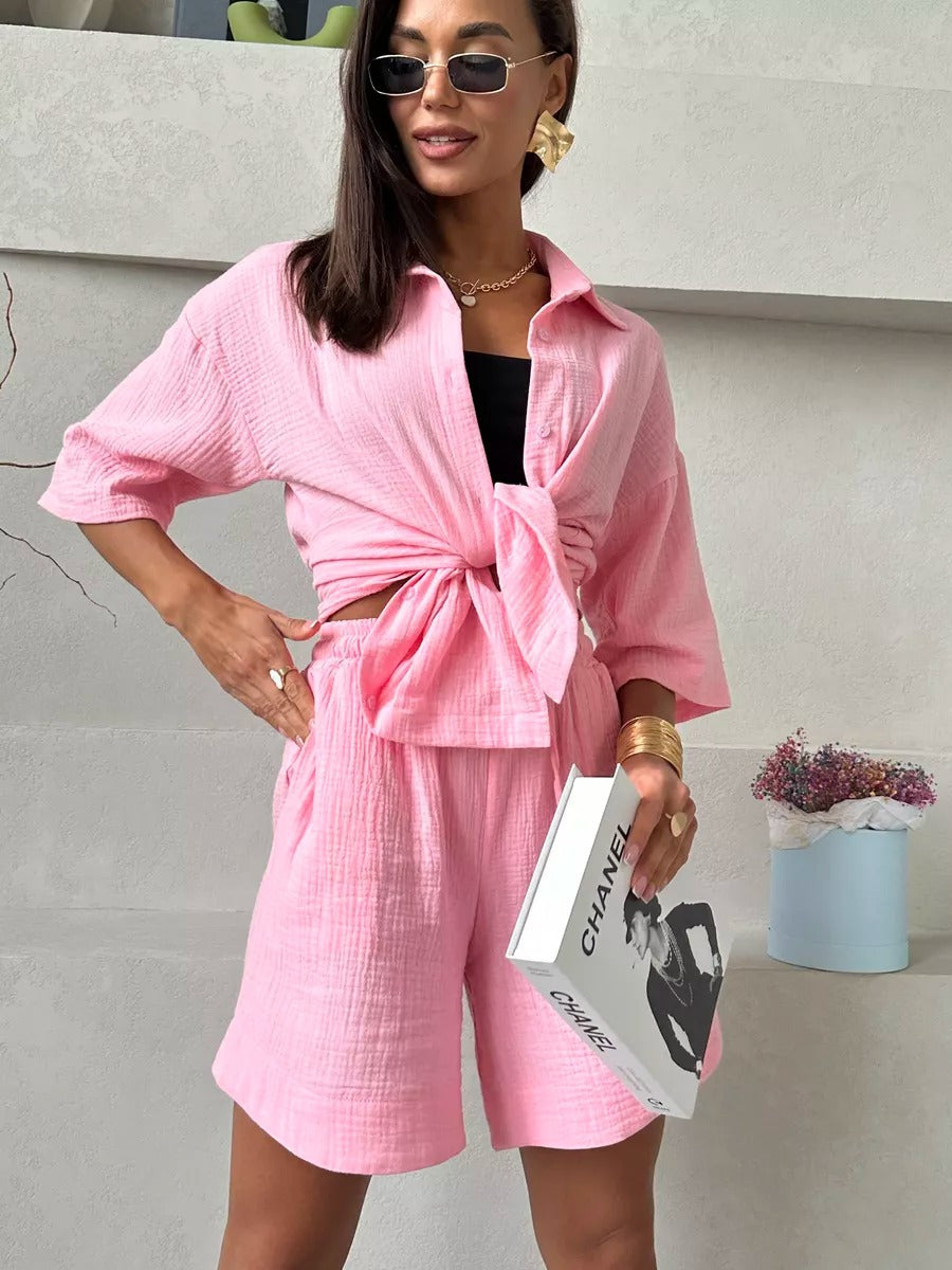 Dame afslappet kortærmet skjorte og shorts sæt med elastisk talje Stilla