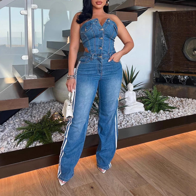 Dame Designer-Jumpsuit i Used-Look med figursyet overdel og bredt ben Stilla