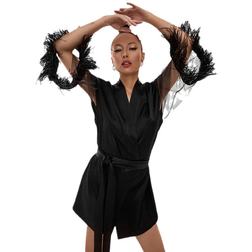 Dame elegant Kimono-stil kortkjole med voluminøse ærmer og taljebælte Stilla