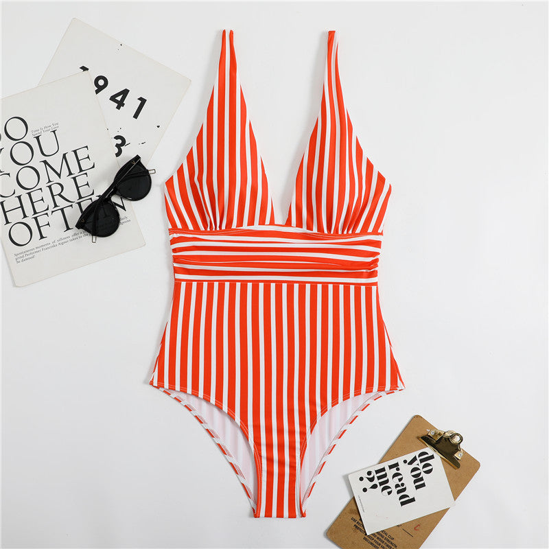 Dame hel jumpsuit badedragt med dyb V-hals og vertikale striber Stilla