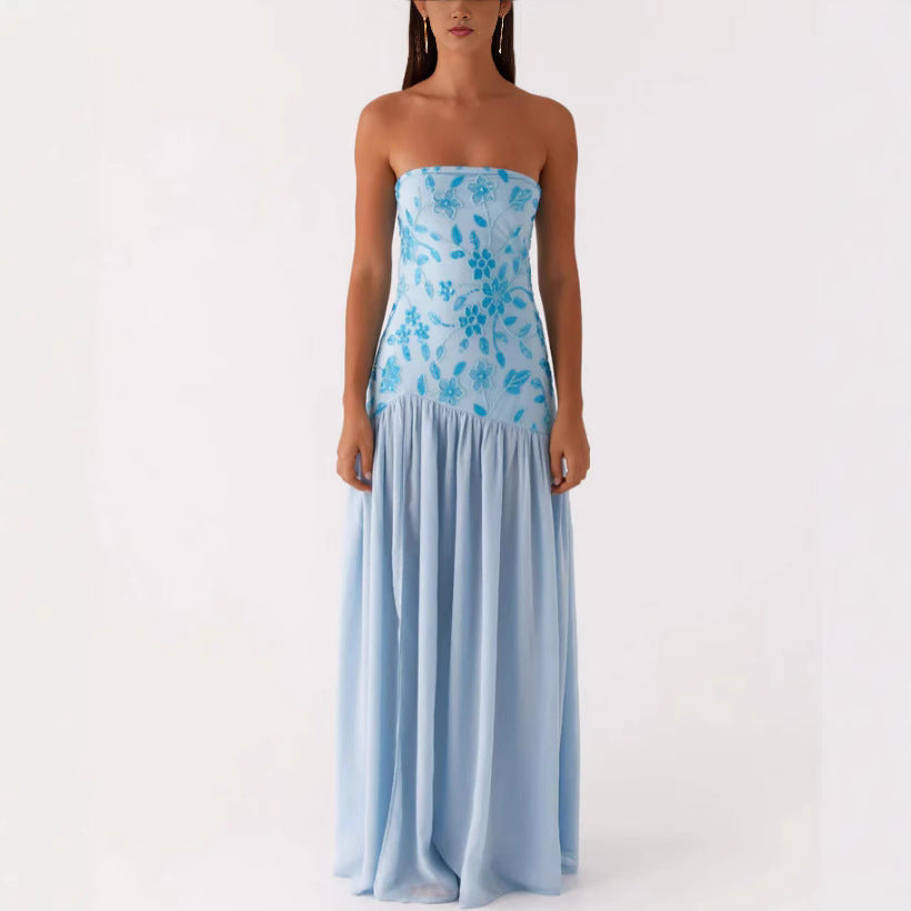 Dame strapless maxikjole med elegant blomsterbroderi Stilla