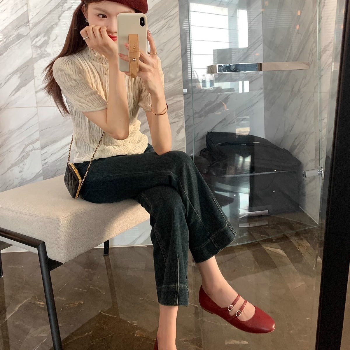 Dame Elegant Dobbeltrem Mary Jane Ballerinaer med Strassdetaljer Stilla