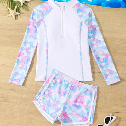 Dame UV-beskyttelse badetøj sæt med lynlås og stilfuldt havfrue-mønster Stilla