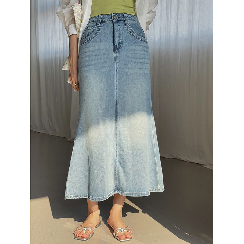 Dame denim midirock med højskåret talje og flydende snit Stilla