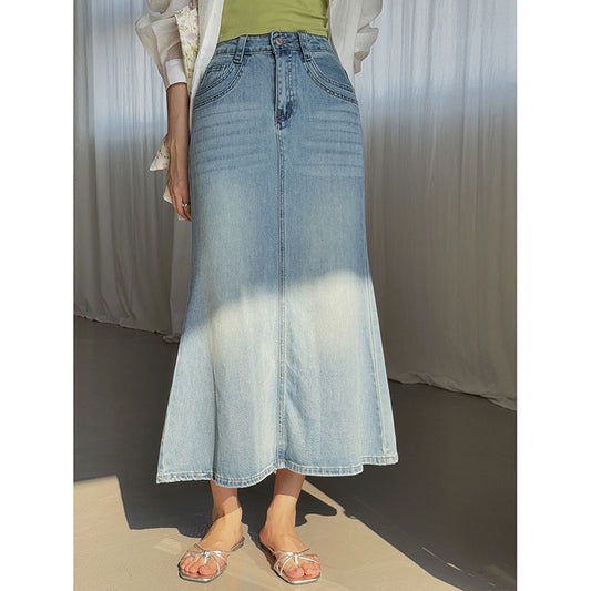 Dame denim midirock med højskåret talje og flydende snit Stilla