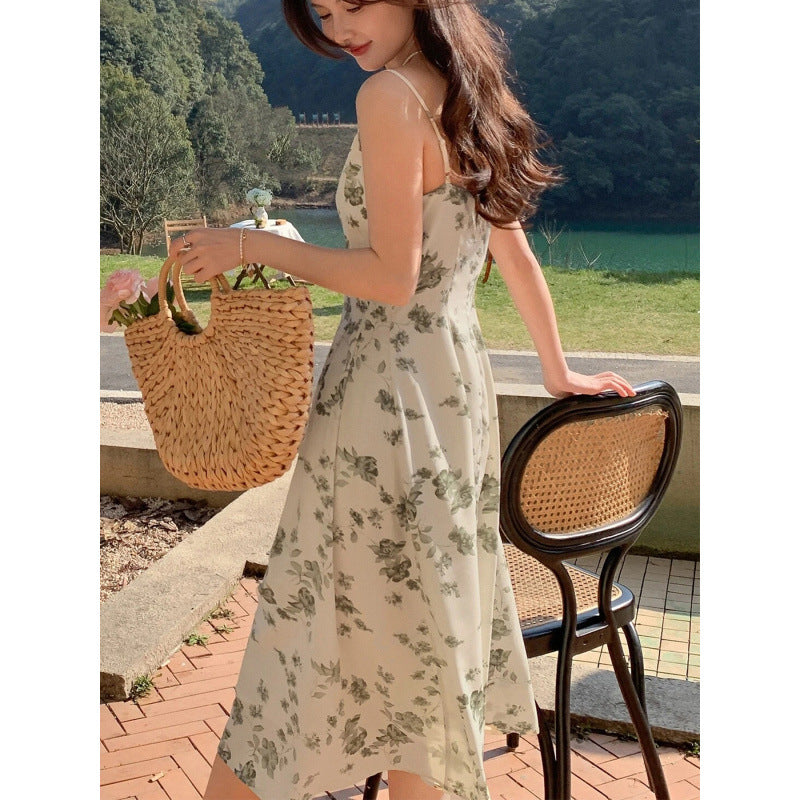 Dame A-linje Blomster Skjorte Midi Kjole med justerbare stropper Stilla