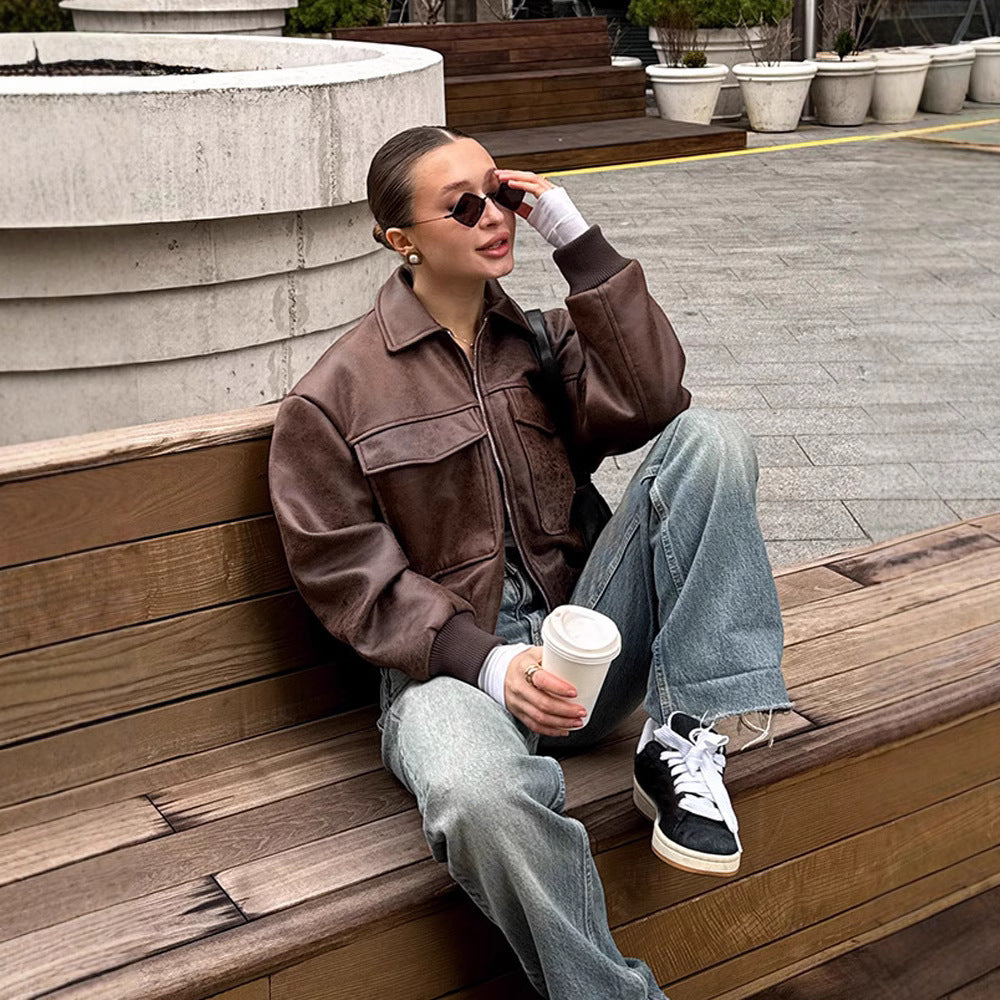 Dame cropped kunstlæderjakke med lommer Stilla