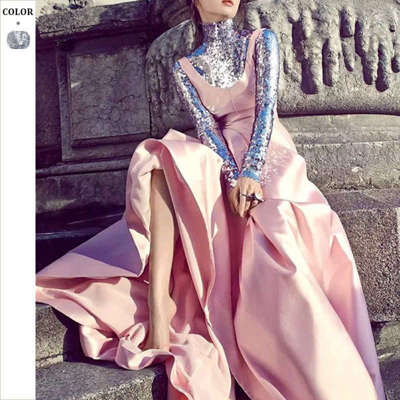 Dame Elegant aftenkjole med glitrende overdel og flydende skirt Stilla
