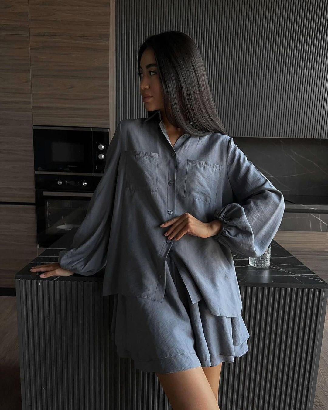 Dame afslappet kortærmet skjorte og shorts sæt Stilla