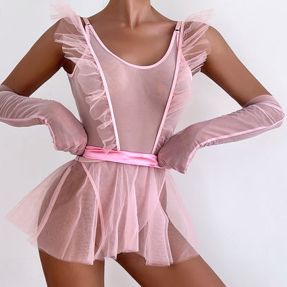 Dame romantisk rynket tyl bodysuit med lange ærmer Stilla