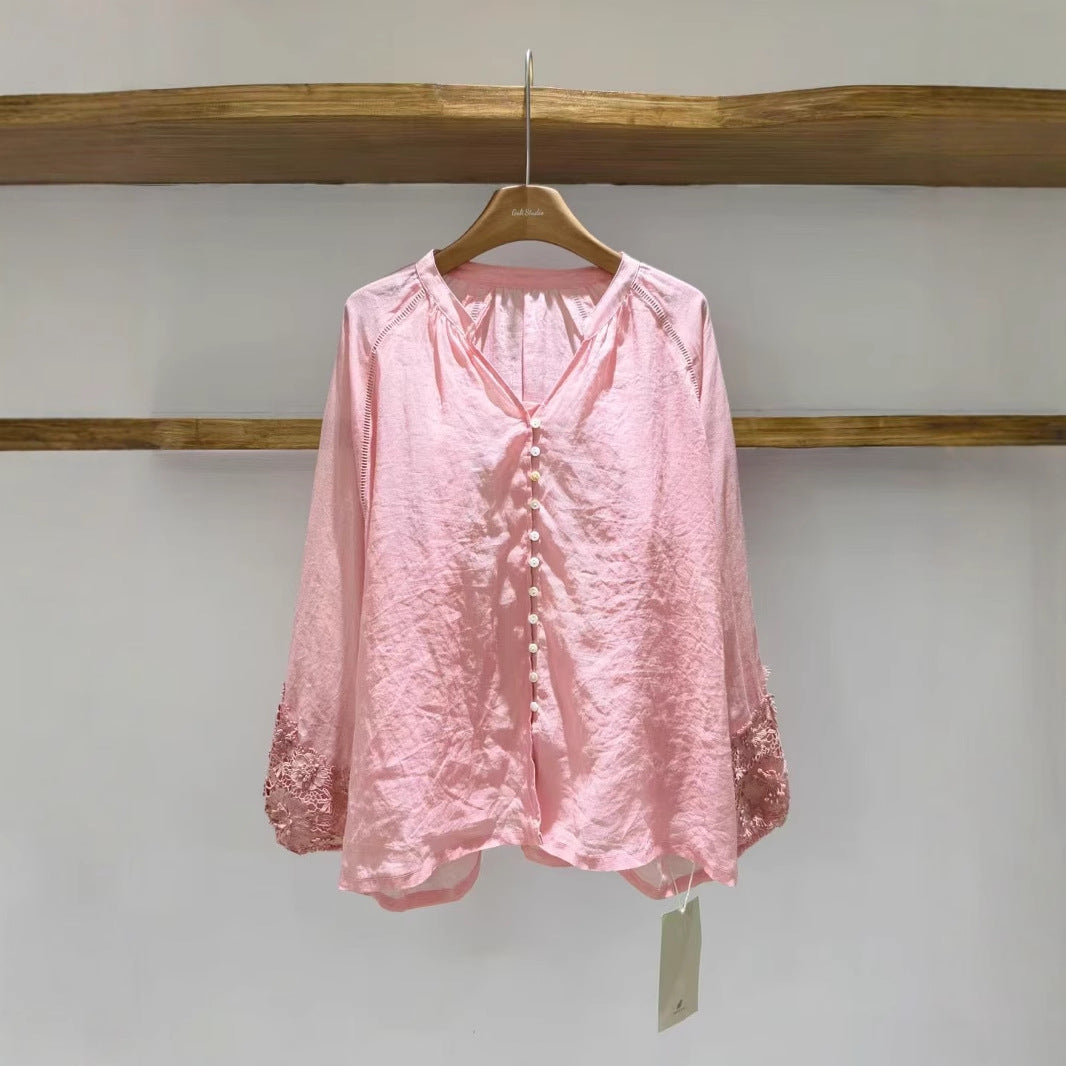 Dame Elegant Bluse med Blonder og Knapper Stilla