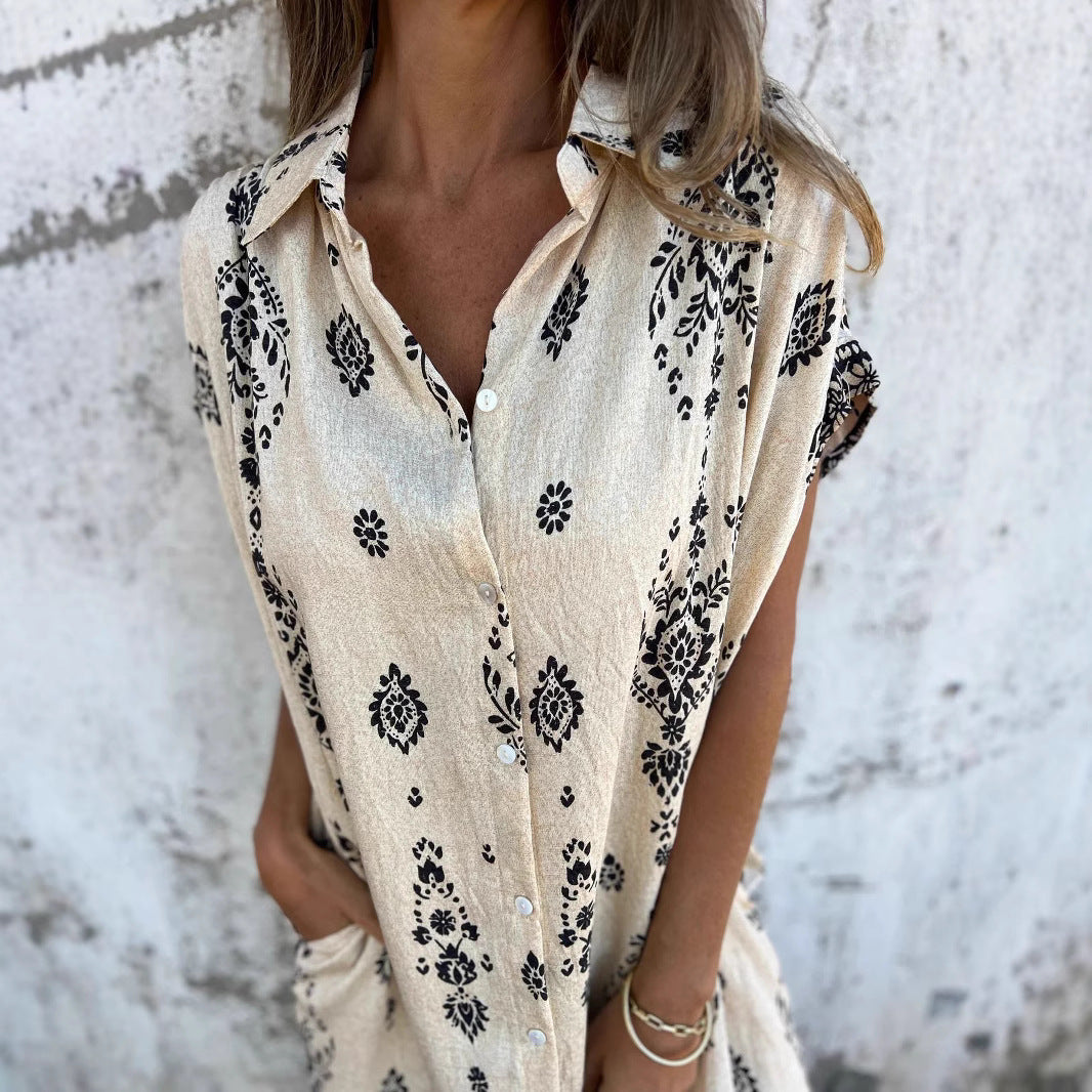 Dame afslappet skjorte kjole med lommer og blomsterprint Stilla