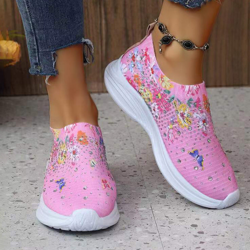 Dame Elastiske Slip-On Sneakers med floralt Strassdesign og dæmpende sål Stilla
