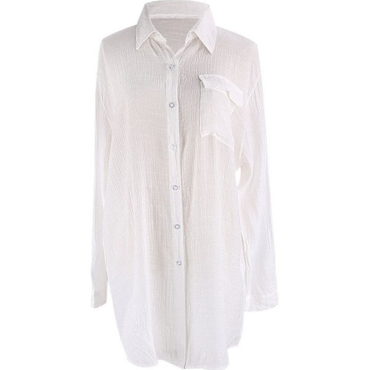 Dame afslappet strandbluse med påsyede lommer og let stof Stilla