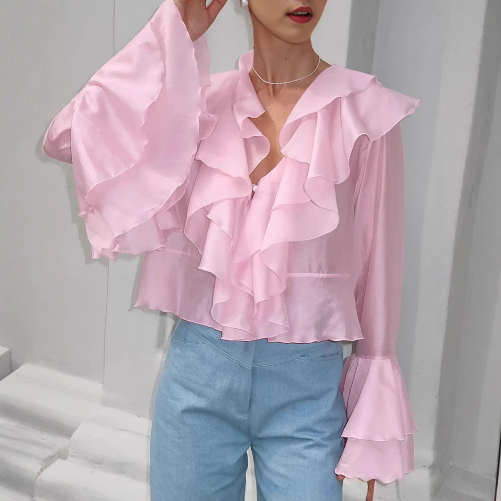 Dame elegant flæsebluse med flydende snit Stilla