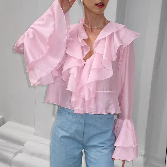 Dame elegant flæsebluse med flydende snit Stilla