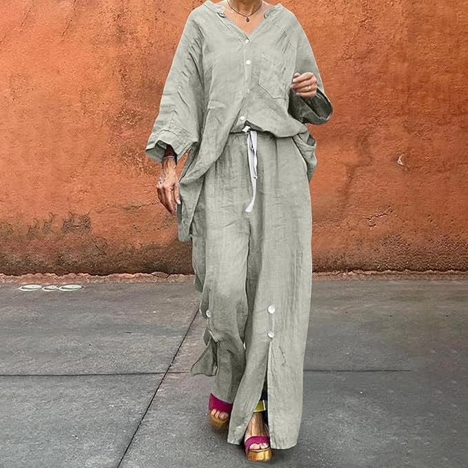 Dame afslappet linned sæt med knaplukning og løs pasform Stilla