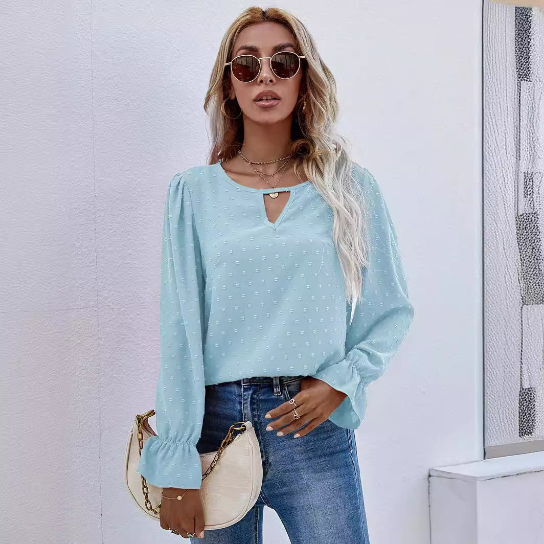 Dame elegant bluse med nøgleudskæring og puffærmer Stilla