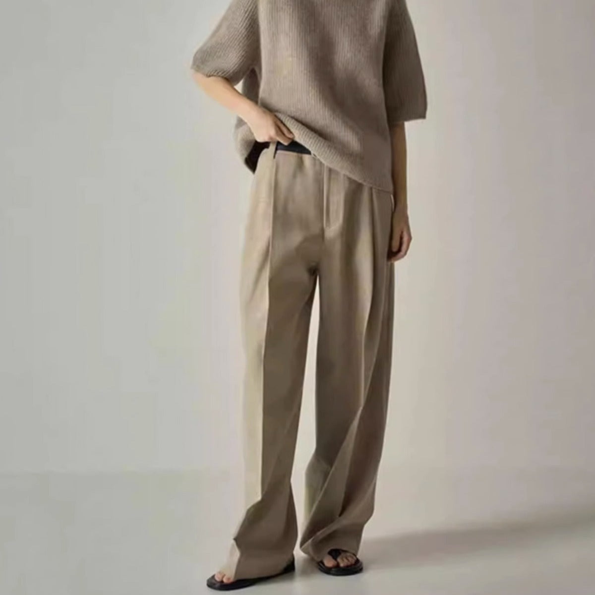 Dame elegant bundfaldenbukser med bredt ben og bindebælte Stilla