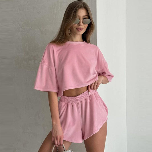 Dame afslappet kortærmet top og shorts sæt med elastisk talje Stilla