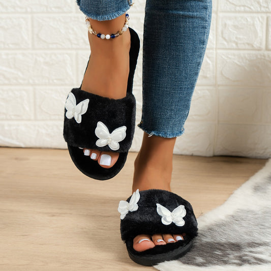 Dame Fuzzy Hjemmesko med fashionable Sommerfugle-applikationer Stilla
