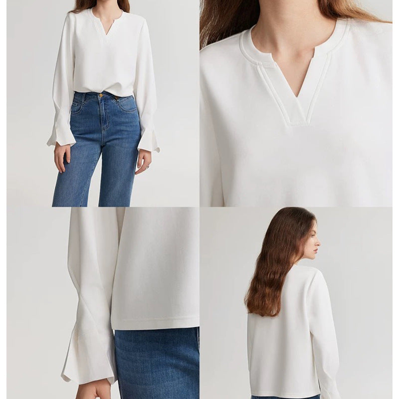 Dame elegant bluse med dyb V-udskæring og brede ærmer Stilla
