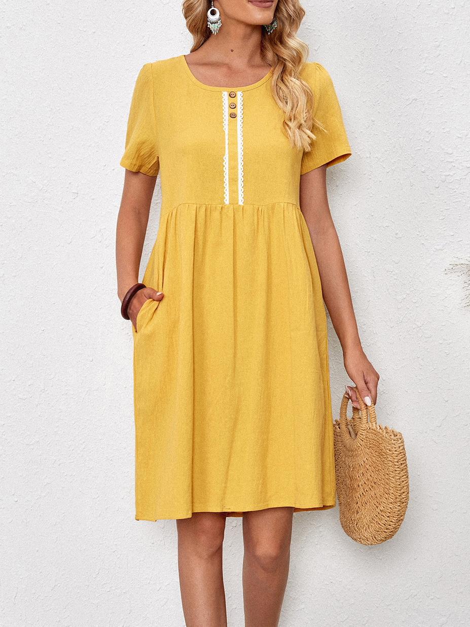 Dame afslappet fritidskjole med knapbesat front og praktiske sidelommer Stilla