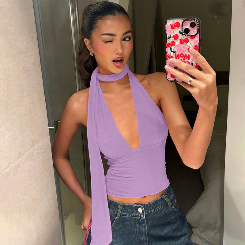 Dame Elegant Halterneck Top med festligt design Stilla