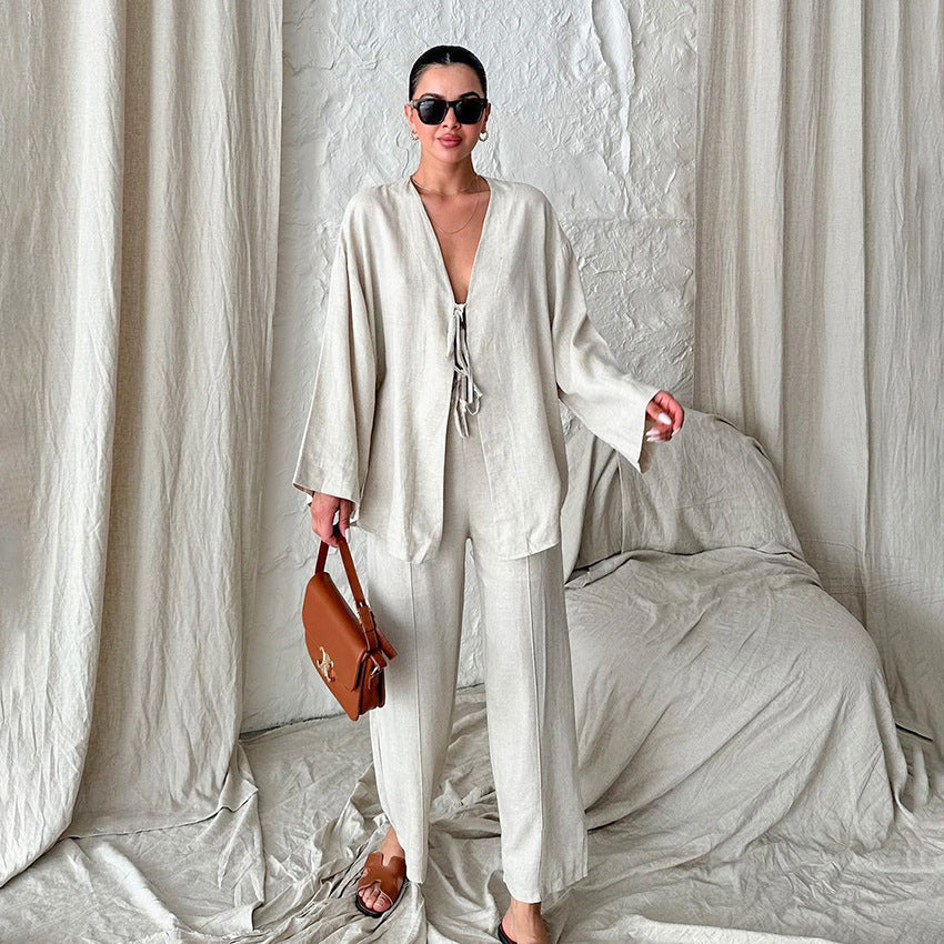 Dame afslappet linned jakkesæt med dekorative bindebånd og bred pasform Stilla