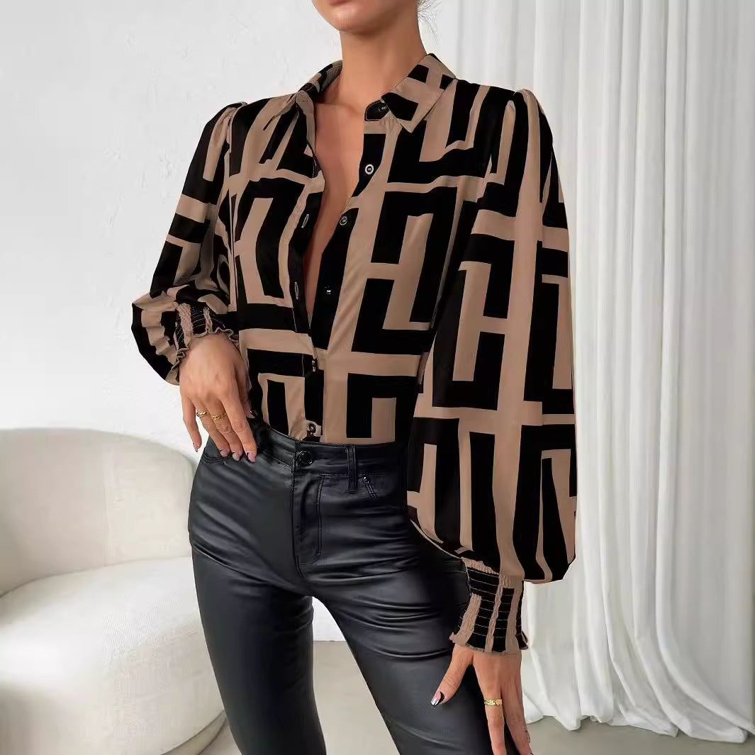 Dame Elegant Bluse med voluminøse ærmer og geometrisk mønster Stilla
