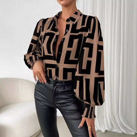 Dame Elegant Bluse med voluminøse ærmer og geometrisk mønster Stilla