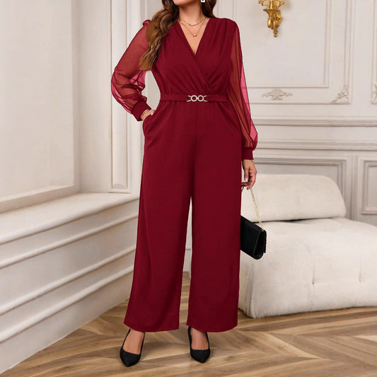 Dame elegant jumpsuit med transparente ærmer og talje bælte Stilla