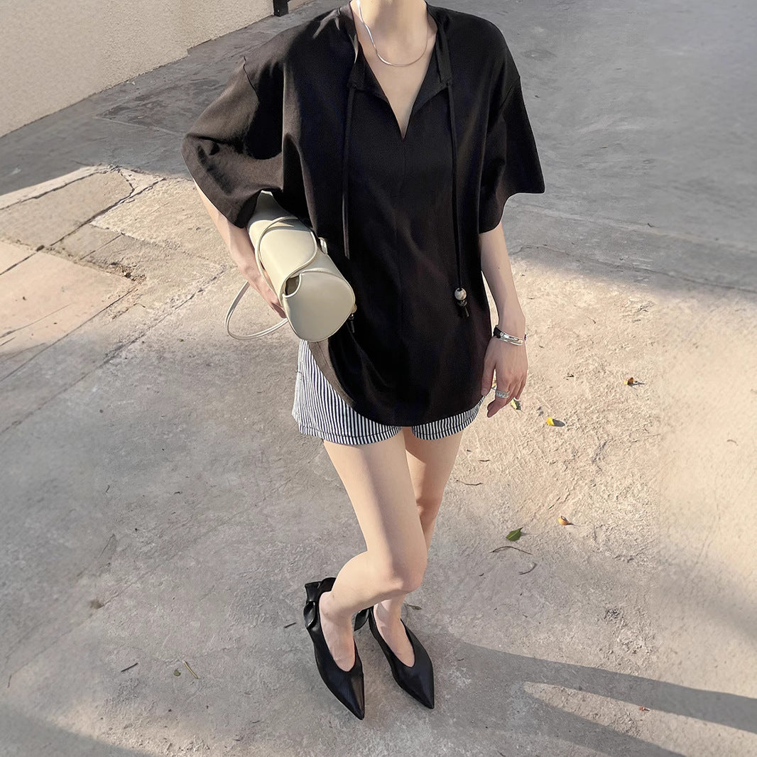 Dame afslappet kortærmet skjorte med hætte og justerbar kant Stilla