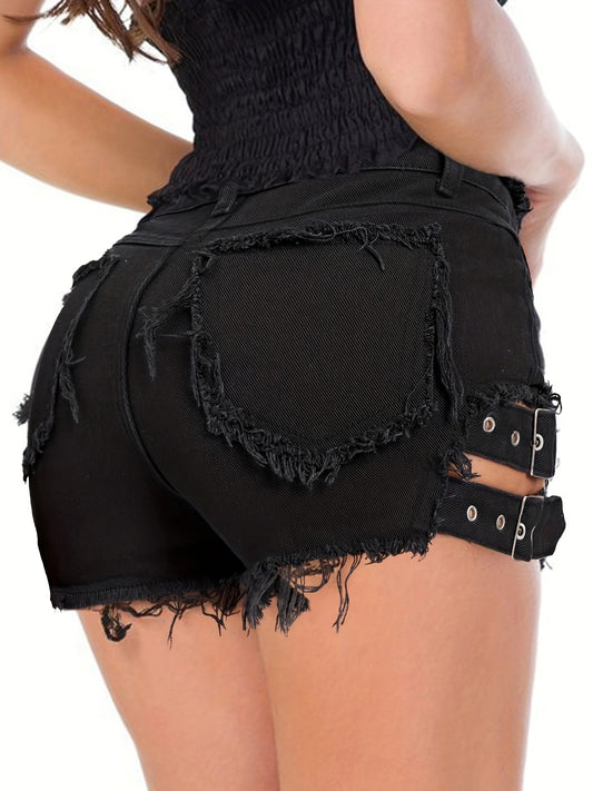 Dame Destroyed Denim-Shorts med sidelæns bånd-detajle og moderigtigt frynse-kant Stilla