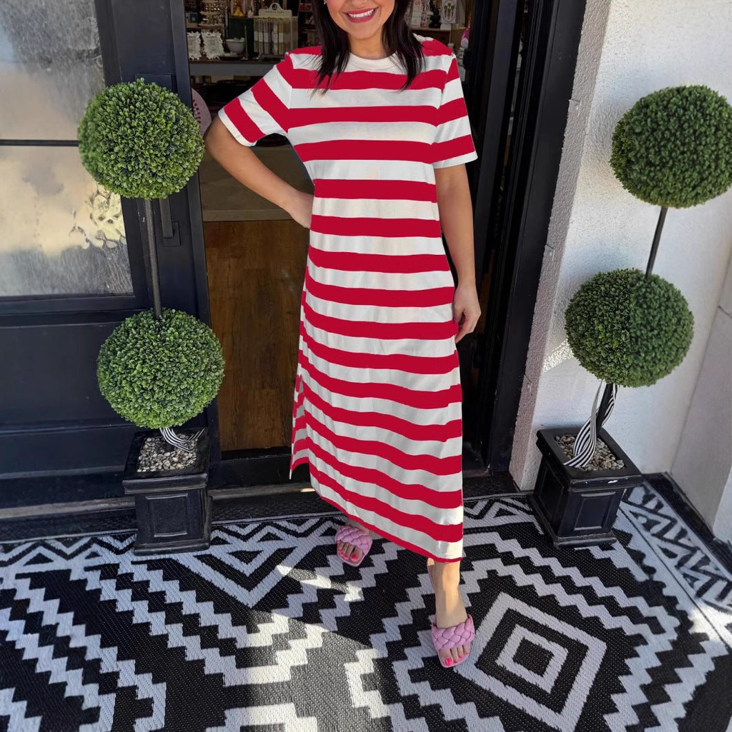 Dame afslappet maxikjole lavet af blød flydende bomuldsstof med stribemønster Stilla