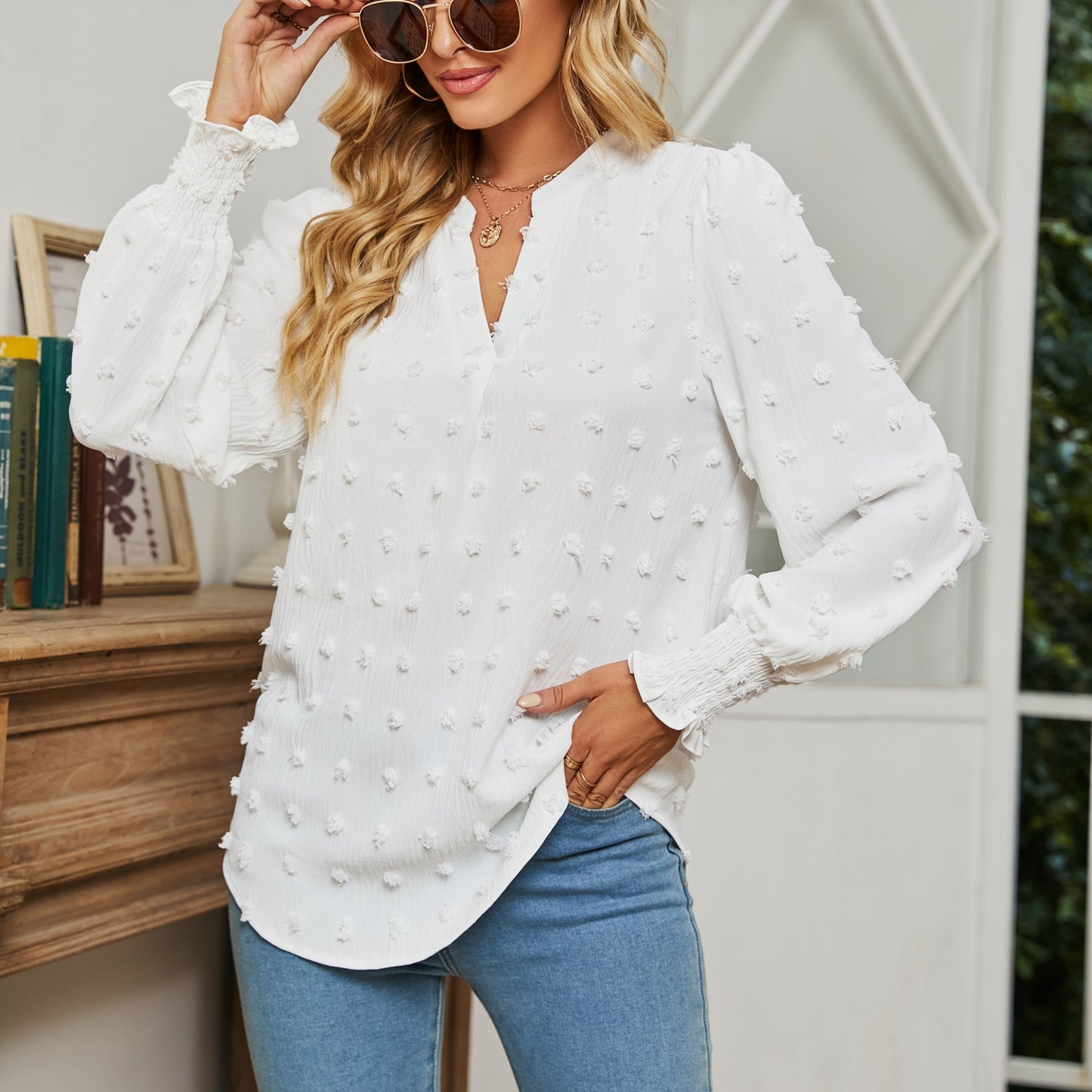 Dame elegant bluse med reliefagtige detaljer WP