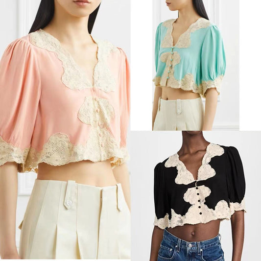 Dame elegant bluse med romantiske spidsdetaljer og draperinger Stilla