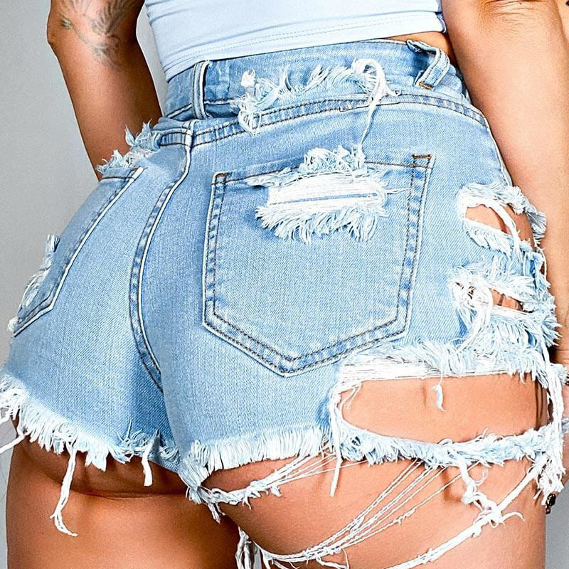 Dame Destroyed Denim Shorts med trendy frynse look Stilla